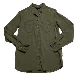 Express Lyocell Convertible Roll-Tab Sleeve Button Down Blouse Green Sz S